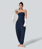Ribbed Tube Backless Side Pocket Casual Jumpsuit — Nightfall Blue — view 8