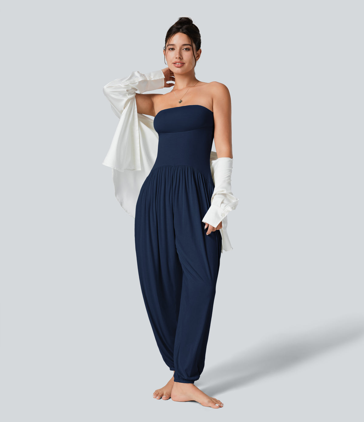 Ribbed Tube Backless Side Pocket Casual Jumpsuit — Nightfall Blue — view 8