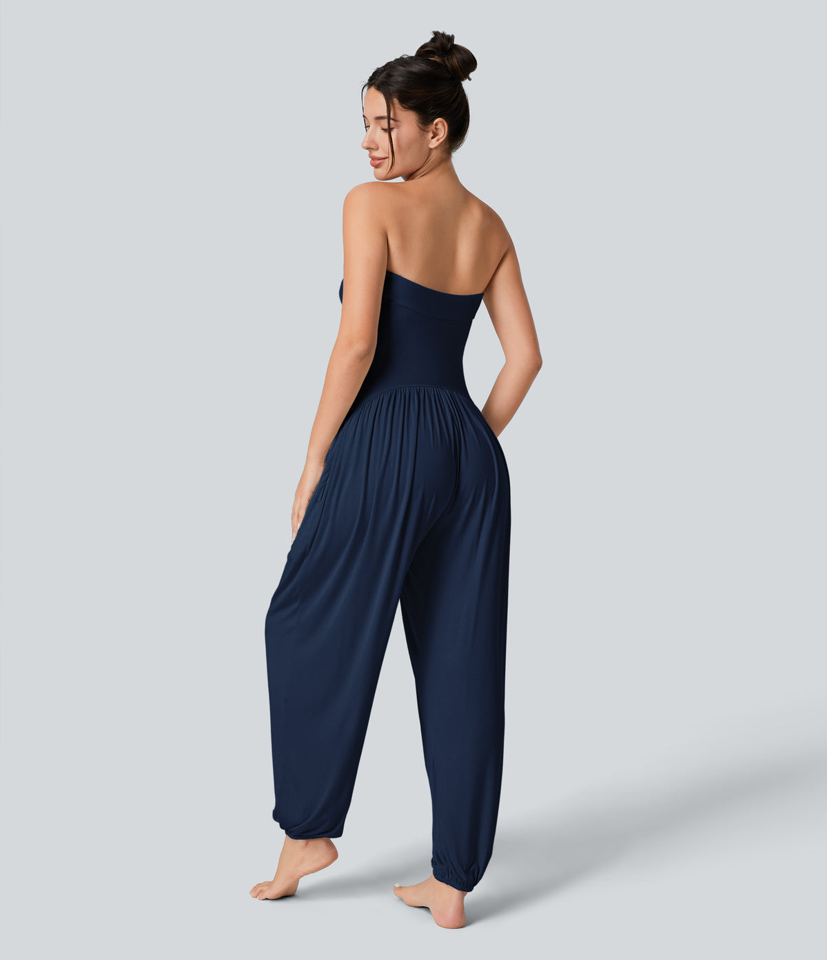 Ribbed Tube Backless Side Pocket Casual Jumpsuit — Nightfall Blue — view 2