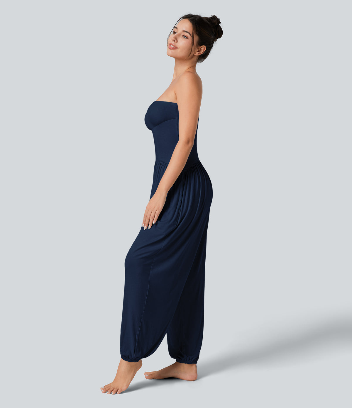 Ribbed Tube Backless Side Pocket Casual Jumpsuit — Nightfall Blue — view 3