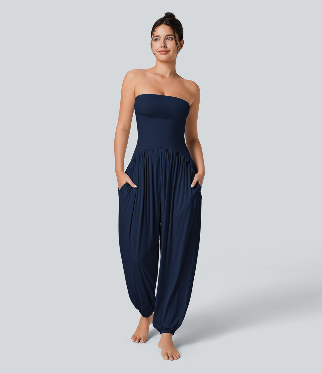 Ribbed Tube Backless Side Pocket Casual Jumpsuit — Nightfall Blue — view 1
