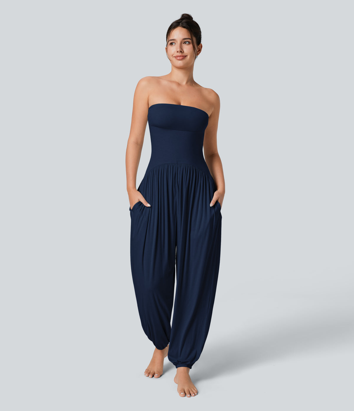 Ribbed Tube Backless Side Pocket Casual Jumpsuit — Nightfall Blue — view 1