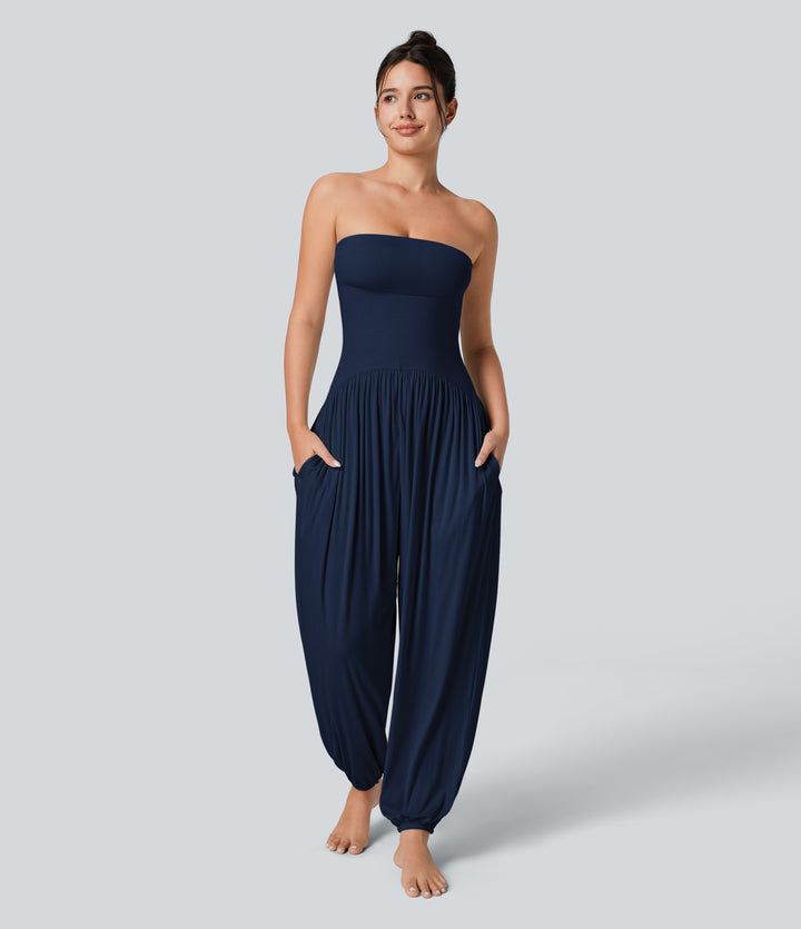 Ribbed Tube Backless Side Pocket Casual Jumpsuit — Nightfall Blue — view 1