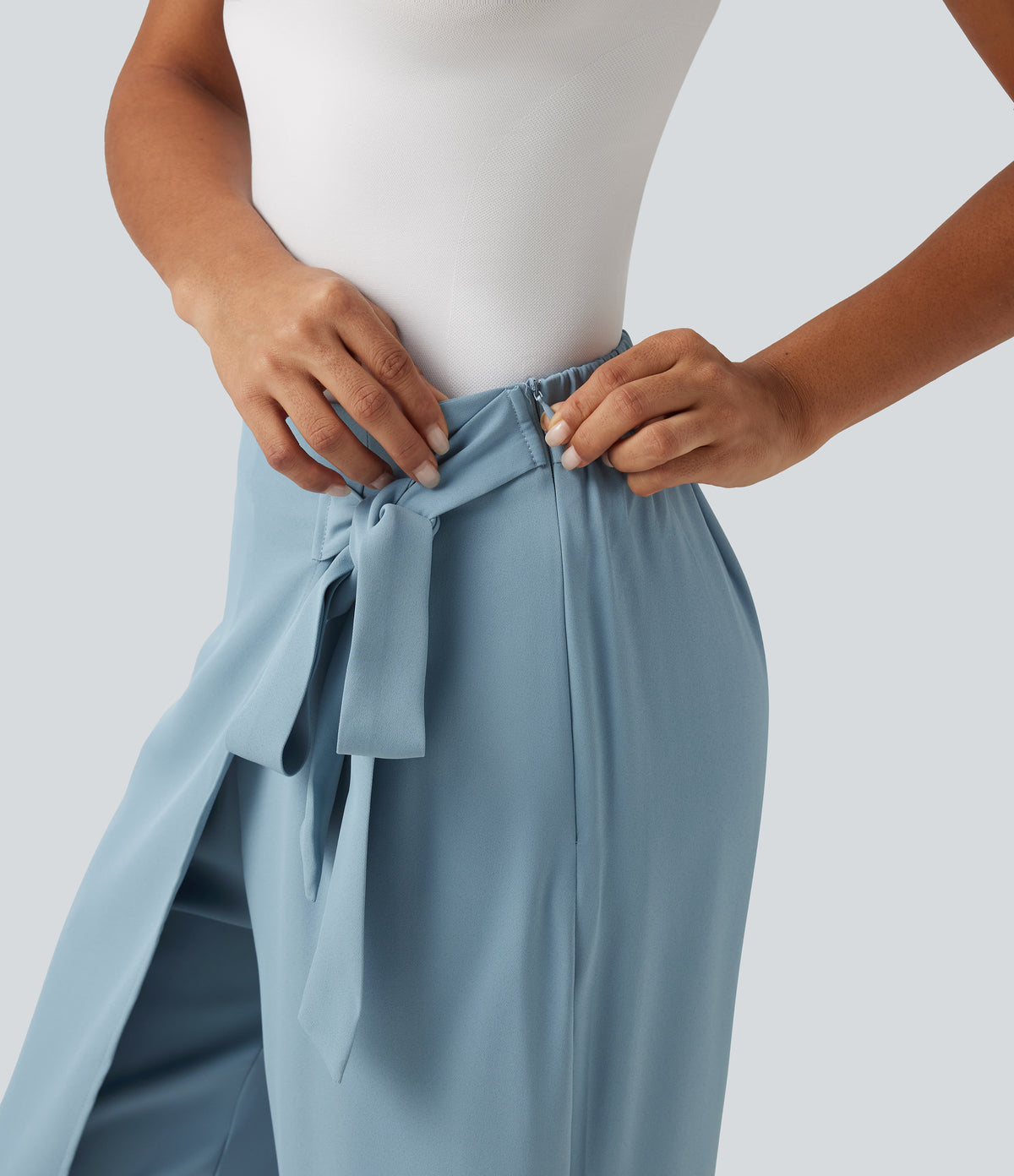 High Waisted Tie Side Wide Leg Work Trousers — Forget-Me-Not — view 5