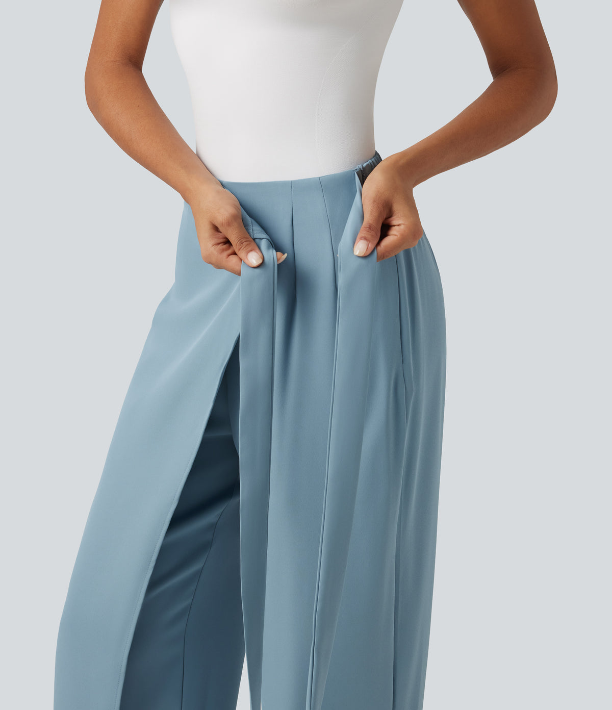 High Waisted Tie Side Wide Leg Work Trousers — Forget-Me-Not — view 4