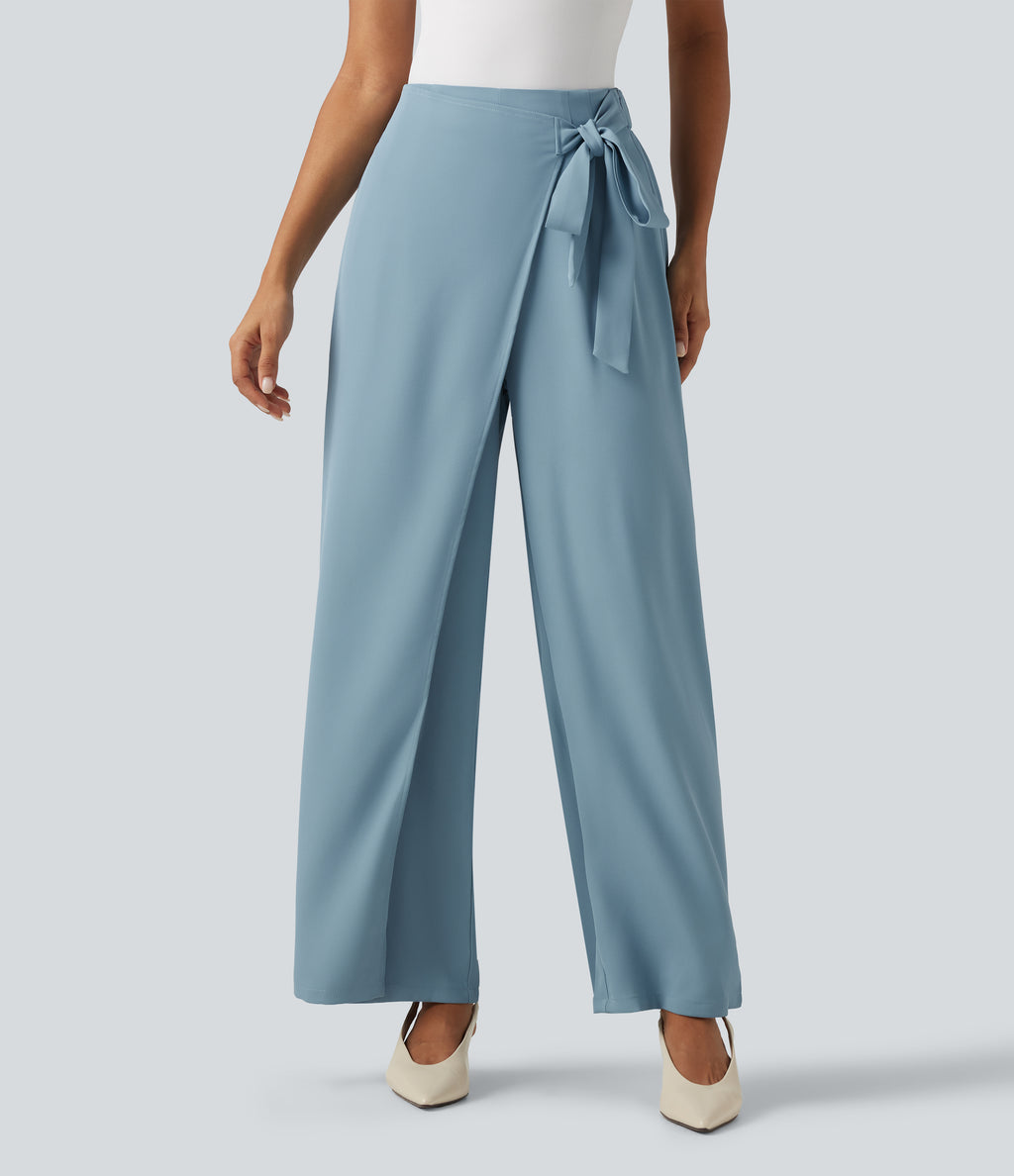 High Waisted Tie Side Wide Leg Work Trousers — Forget-Me-Not — view 1
