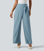 High Waisted Tie Side Wide Leg Work Trousers — Forget-Me-Not — view 1