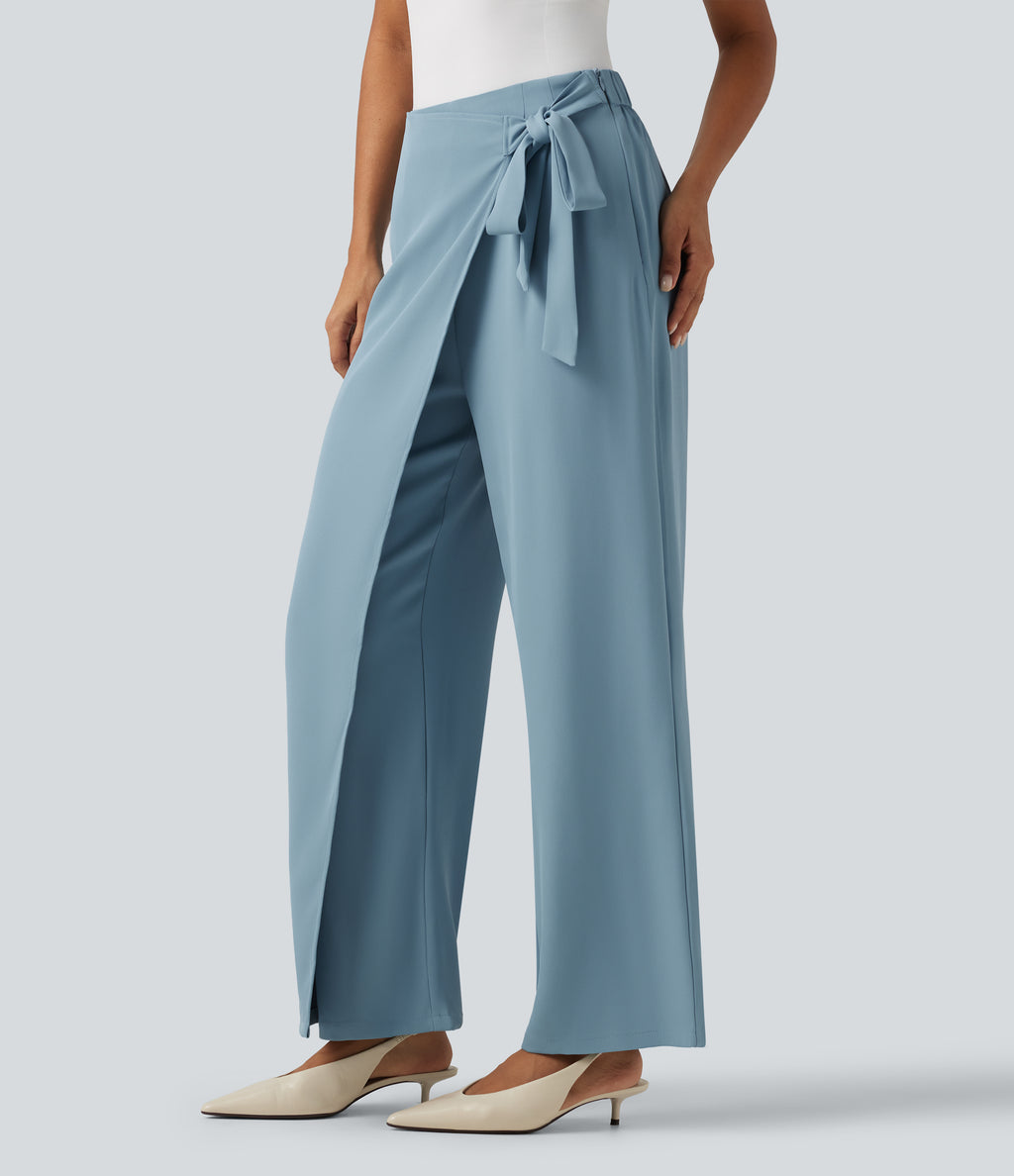 High Waisted Tie Side Wide Leg Work Trousers — Forget-Me-Not — view 3
