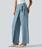 High Waisted Tie Side Wide Leg Work Trousers — Forget-Me-Not — view 3