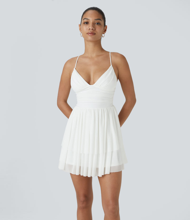 Backless Crisscross Lace Up Mesh Layered Mini Party Dress — White — view 1