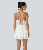 Backless Crisscross Lace Up Mesh Layered Mini Party Dress — White — view 2