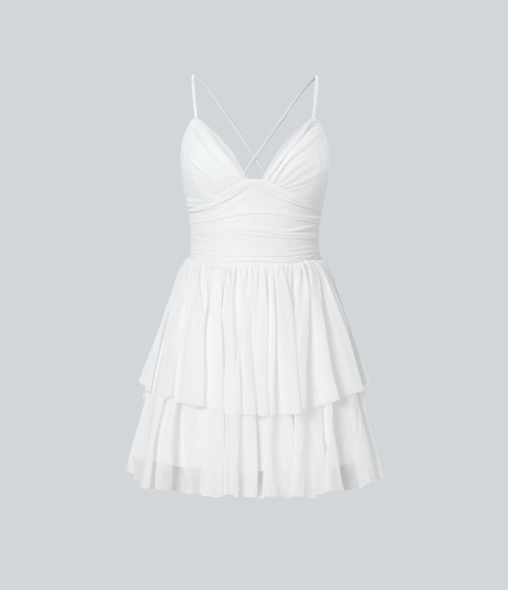 Backless Crisscross Lace Up Mesh Layered Mini Party Dress — White — view 8