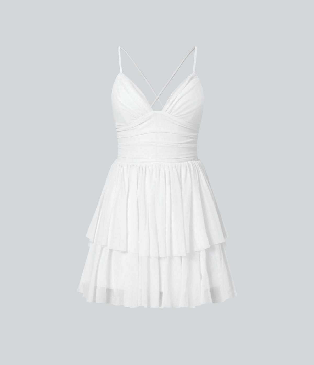 Backless Crisscross Lace Up Mesh Layered Mini Party Dress — White — view 8