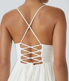 Backless Crisscross Lace Up Mesh Layered Mini Party Dress — White — view 5