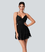 Backless Crisscross Lace Up Mesh Layered Mini Party Dress — Black — view 9