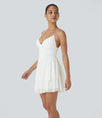 Backless Crisscross Lace Up Mesh Layered Mini Party Dress — White — view 3