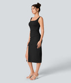 Airy Square Neck Backless Corset Ruched Split Bodycon Midi InstantCool Bridesmaid and Wedding Guest Dress — Black — view 5