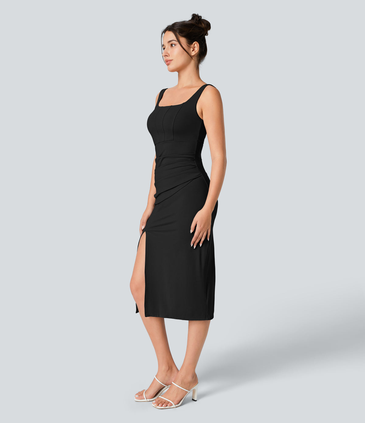 Airy Square Neck Backless Corset Ruched Split Bodycon Midi InstantCool Bridesmaid and Wedding Guest Dress — Black — view 5