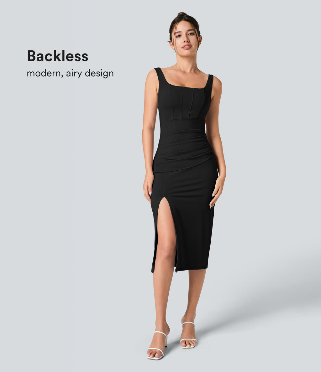 Airy Square Neck Backless Corset Ruched Split Bodycon Midi InstantCool Bridesmaid and Wedding Guest Dress — Black — view 1
