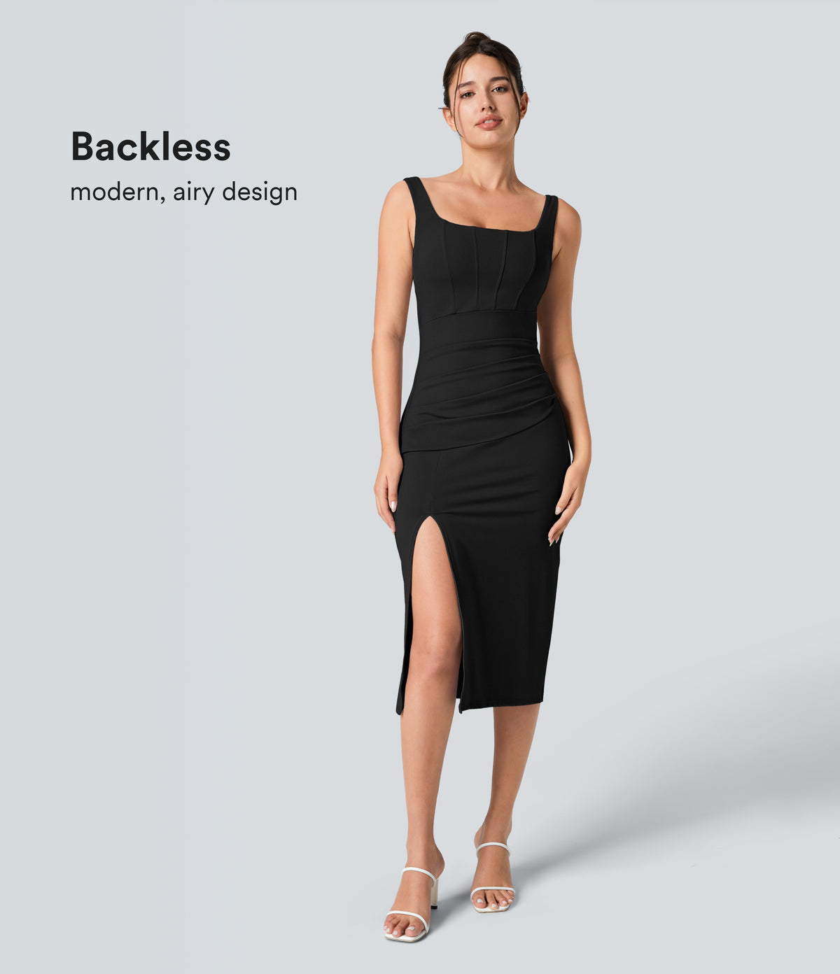 Airy Square Neck Backless Corset Ruched Split Bodycon Midi InstantCool Bridesmaid and Wedding Guest Dress — Black — view 1