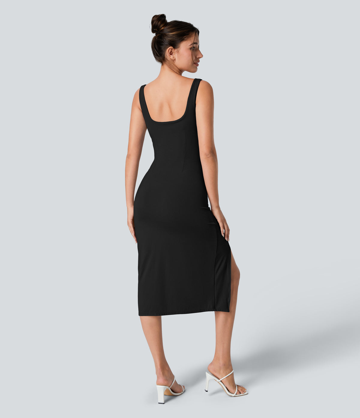 Airy Square Neck Backless Corset Ruched Split Bodycon Midi InstantCool Bridesmaid and Wedding Guest Dress — Black — view 2
