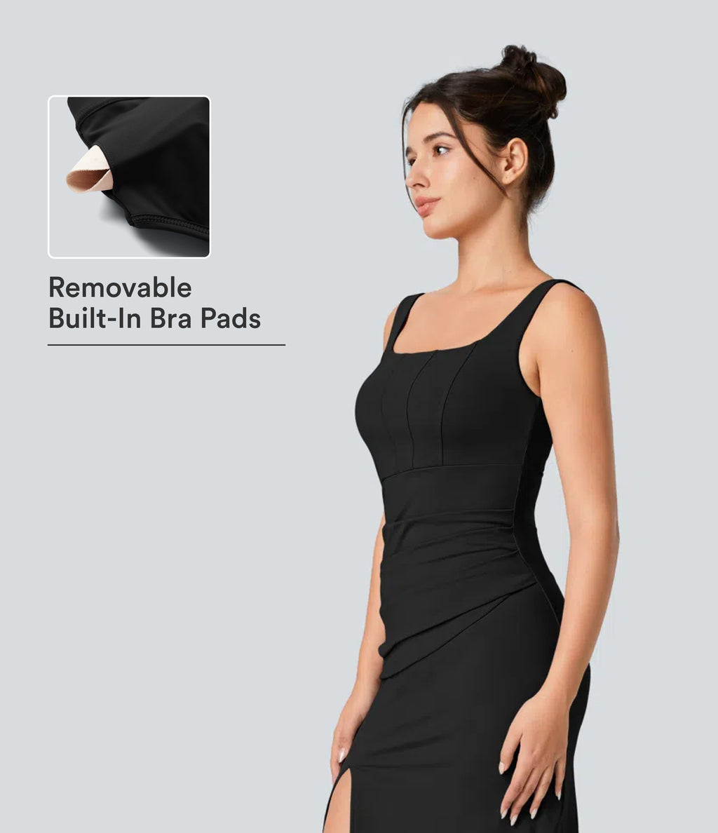 Airy Square Neck Backless Corset Ruched Split Bodycon Midi InstantCool Bridesmaid and Wedding Guest Dress — Black — view 3