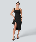 Airy Square Neck Backless Corset Ruched Split Bodycon Midi InstantCool Bridesmaid and Wedding Guest Dress — Black — view 6