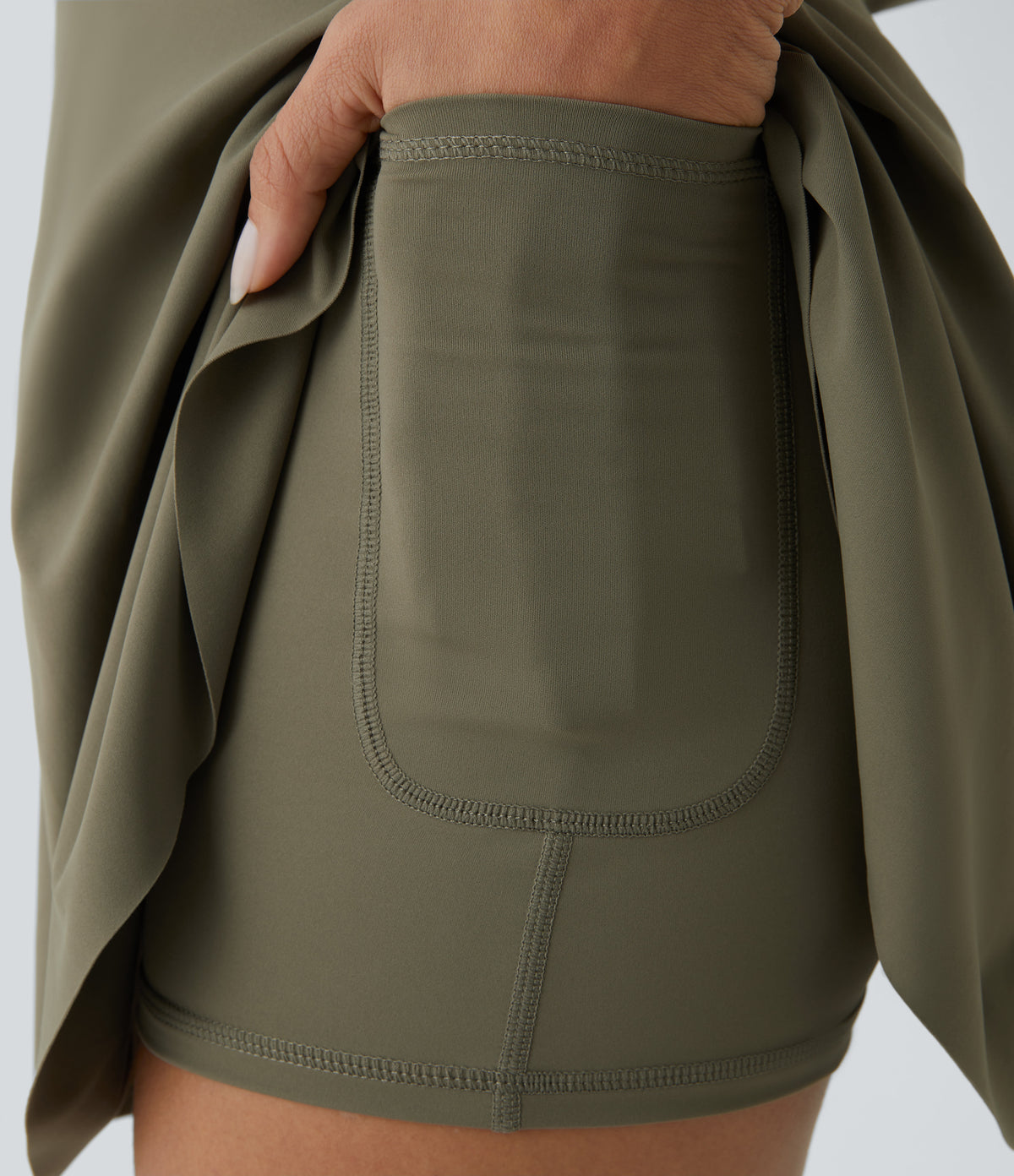 Draped Backless G-Hook 2-in-1 Side Pocket Mini Dance Active Dress — Withered Green — view 6