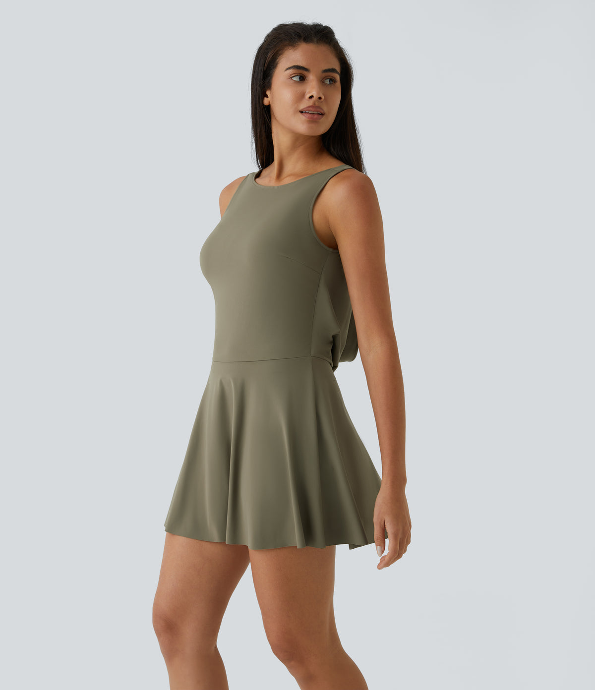 Draped Backless G-Hook 2-in-1 Side Pocket Mini Dance Active Dress — Withered Green — view 3