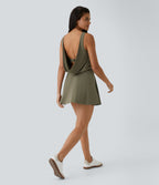 Draped Backless G-Hook 2-in-1 Side Pocket Mini Dance Active Dress — Withered Green — view 8