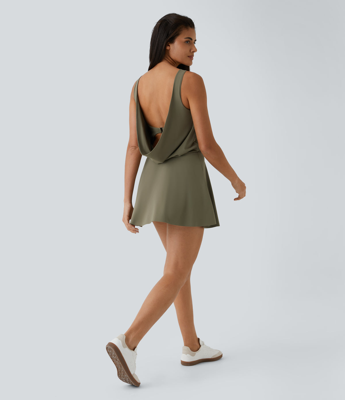 Draped Backless G-Hook 2-in-1 Side Pocket Mini Dance Active Dress — Withered Green — view 8