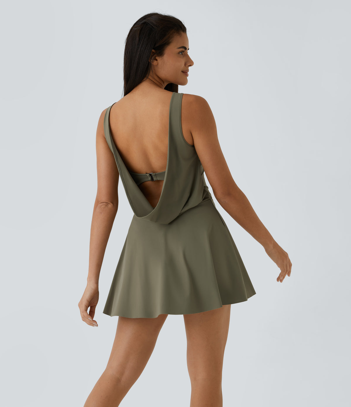 Draped Backless G-Hook 2-in-1 Side Pocket Mini Dance Active Dress — Withered Green — view 4