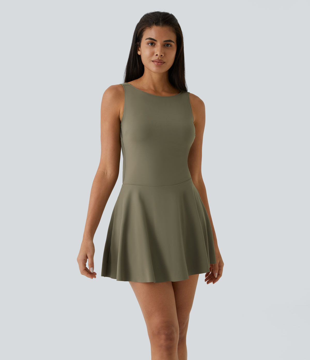 Draped Backless G-Hook 2-in-1 Side Pocket Mini Dance Active Dress — Withered Green — view 2
