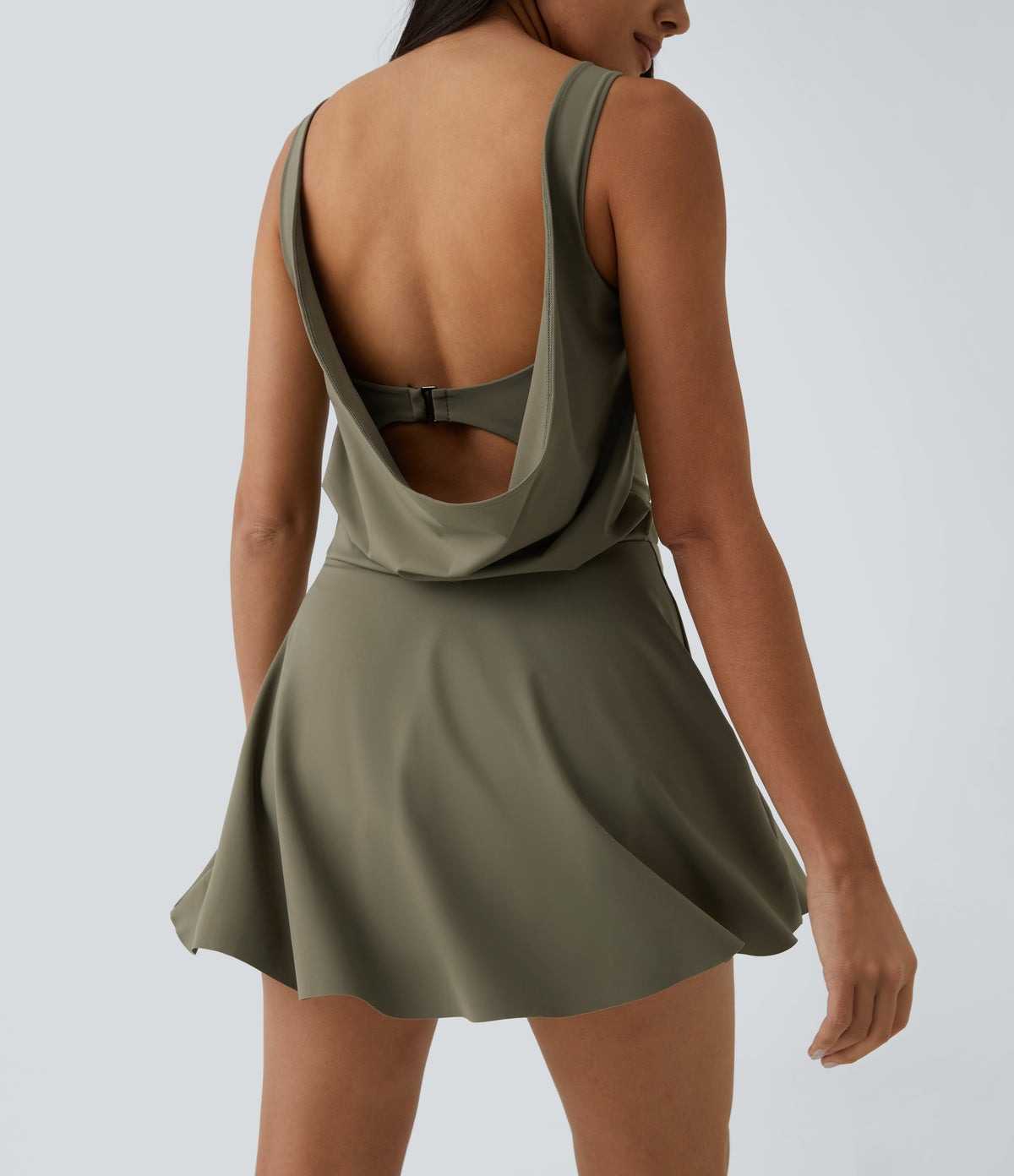 Draped Backless G-Hook 2-in-1 Side Pocket Mini Dance Active Dress — Withered Green — view 1