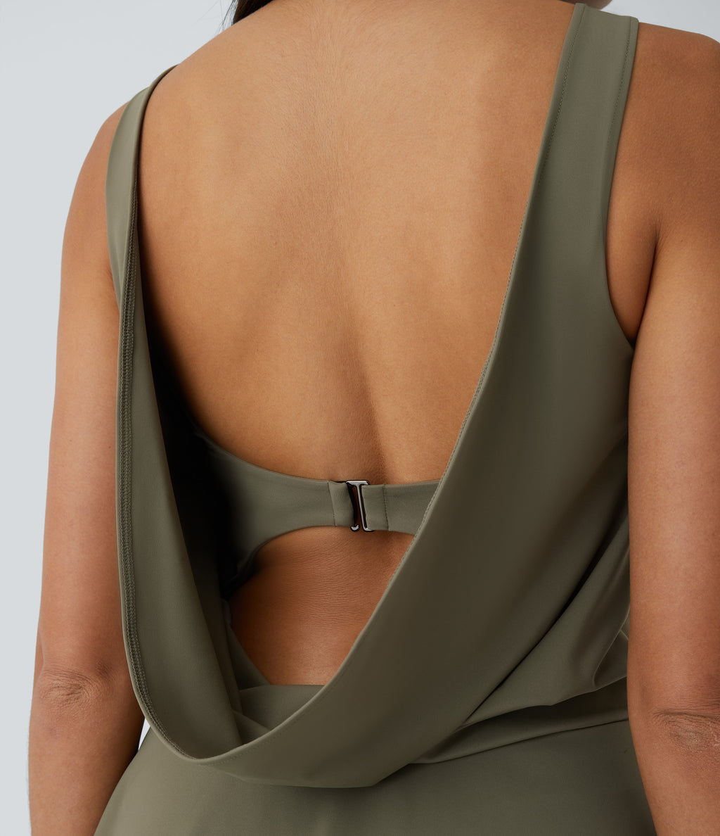 Draped Backless G-Hook 2-in-1 Side Pocket Mini Dance Active Dress — Withered Green — view 5
