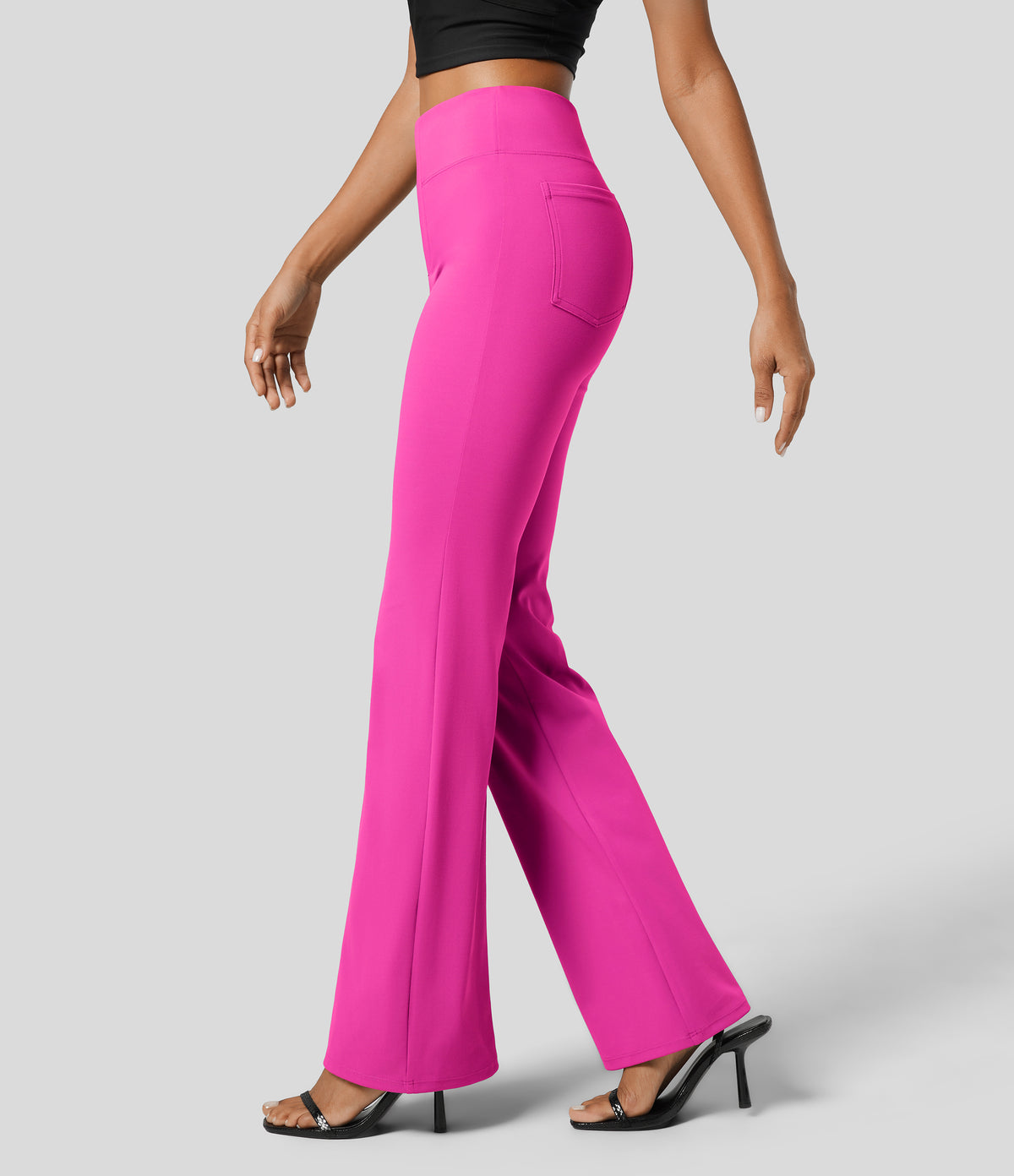 High Waisted Back Side Pocket Slight Flare Work Trousers — Raspberry Rose — view 21
