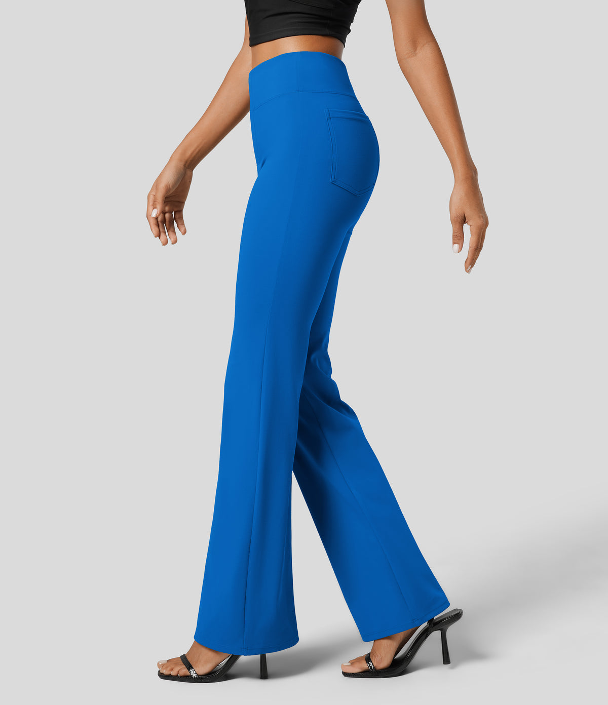 High Waisted Back Side Pocket Slight Flare Work Trousers — Princess Blue — view 22