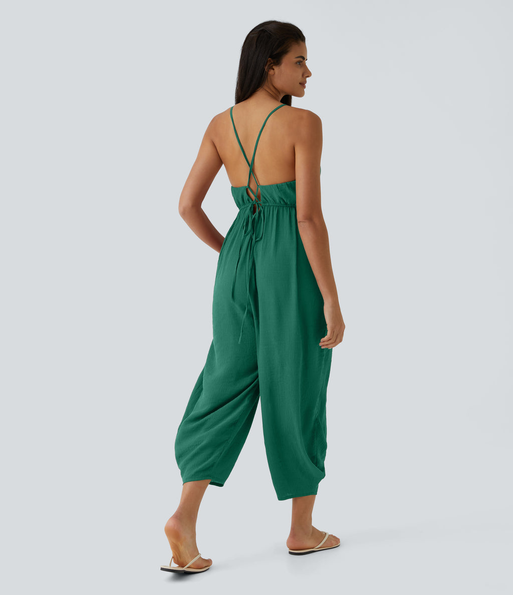 Spaghetti Strap Backless Lace Up Side Pocket Resort Jumpsuit — Quiet Pool Green — view 2