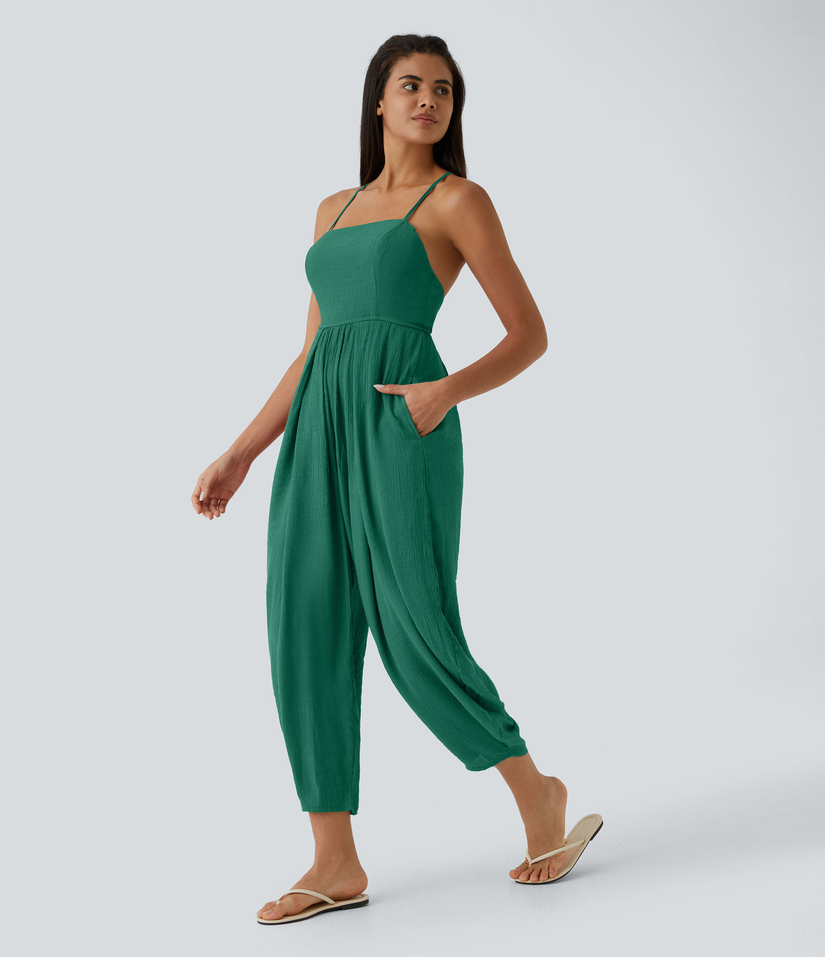 Spaghetti Strap Backless Lace Up Side Pocket Resort Jumpsuit — Quiet Pool Green — view 3