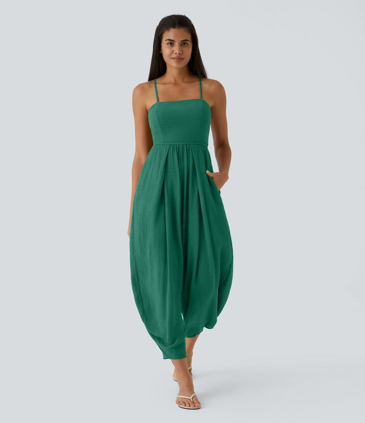 Spaghetti Strap Backless Lace Up Side Pocket Resort Jumpsuit — Quiet Pool Green — view 1