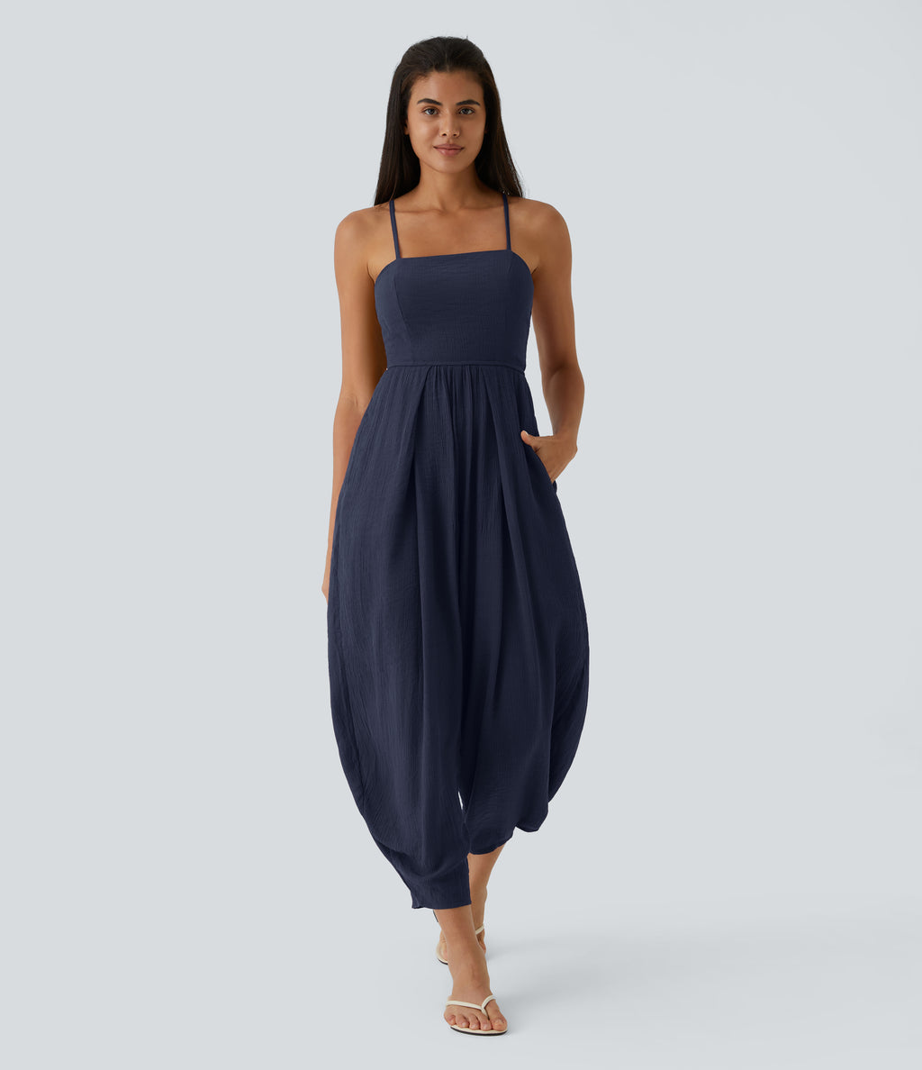 Spaghetti Strap Backless Lace Up Side Pocket Resort Jumpsuit — Maritime Blue — view 6