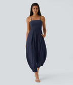 Spaghetti Strap Backless Lace Up Side Pocket Resort Jumpsuit — Maritime Blue — view 6