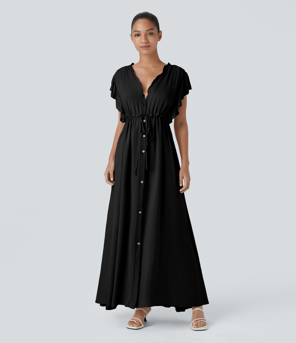 Deep V Neck Butterfly Sleeve Backless Drawstring Button Side Pocket Flowy Maxi Casual Dress — Black — view 1