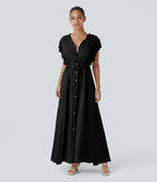 Deep V Neck Butterfly Sleeve Backless Drawstring Button Side Pocket Flowy Maxi Casual Dress — Black — view 1