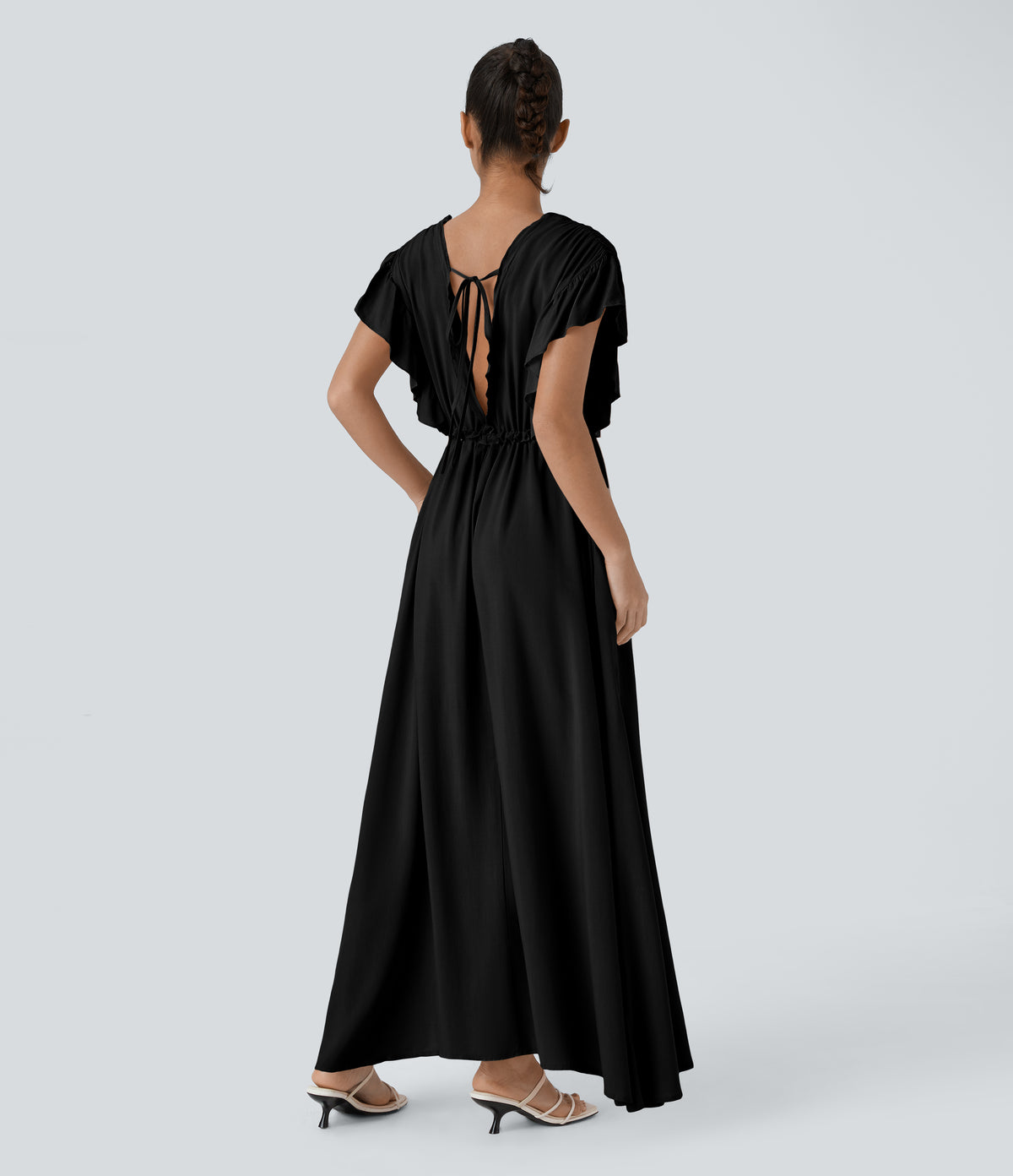 Deep V Neck Butterfly Sleeve Backless Drawstring Button Side Pocket Flowy Maxi Casual Dress — Black — view 2