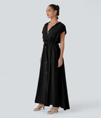 Deep V Neck Butterfly Sleeve Backless Drawstring Button Side Pocket Flowy Maxi Casual Dress — Black — view 3