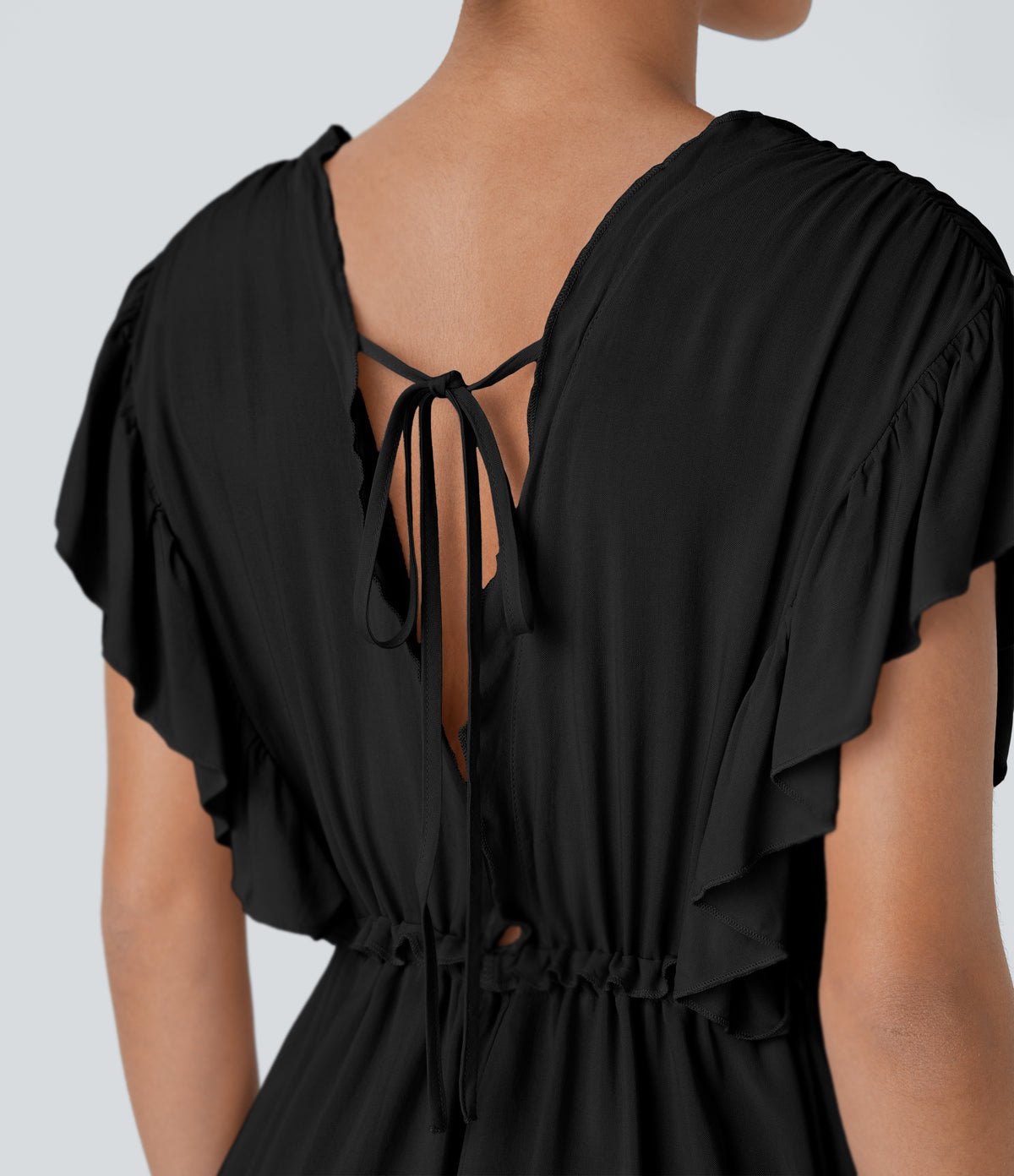 Deep V Neck Butterfly Sleeve Backless Drawstring Button Side Pocket Flowy Maxi Casual Dress — Black — view 5