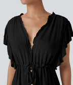 Deep V Neck Butterfly Sleeve Backless Drawstring Button Side Pocket Flowy Maxi Casual Dress — Black — view 4