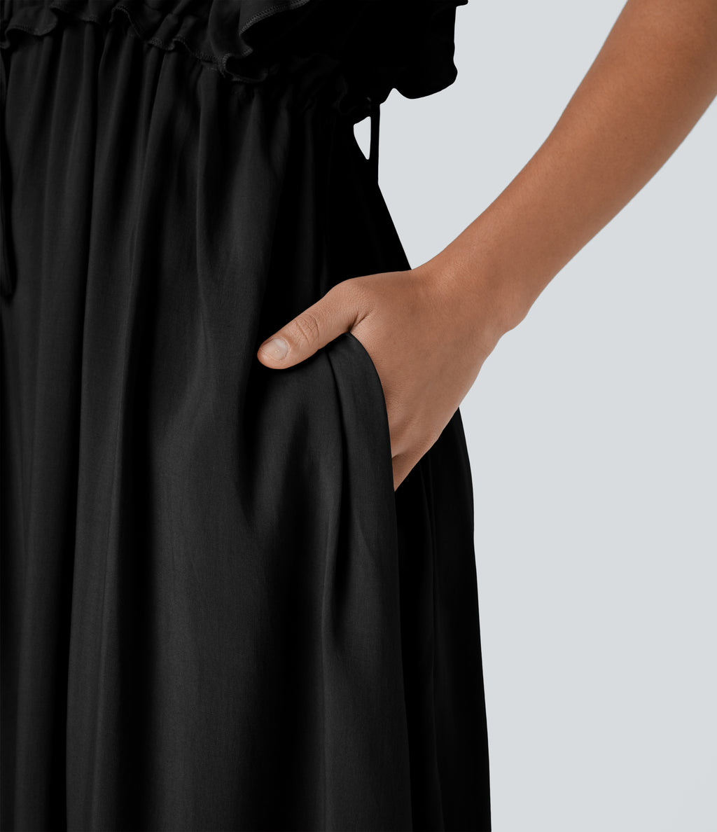 Deep V Neck Butterfly Sleeve Backless Drawstring Button Side Pocket Flowy Maxi Casual Dress — Black — view 6