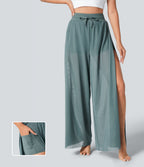 High Waisted Drawstring Contrast Mesh 2-in-1 Pocket Flowy Wide Leg Yoga Trousers — Morning Dew Green — view 1